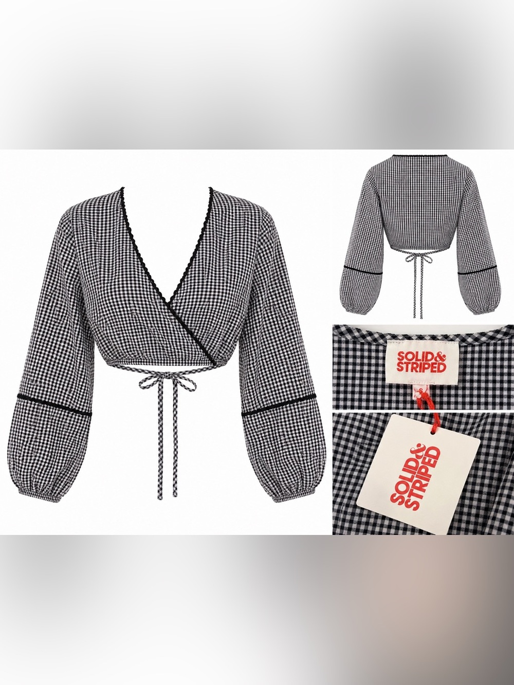 Solid & Striped Murphy Wrap Top Gingham Black White Seersucker Crop Blouse S NWT